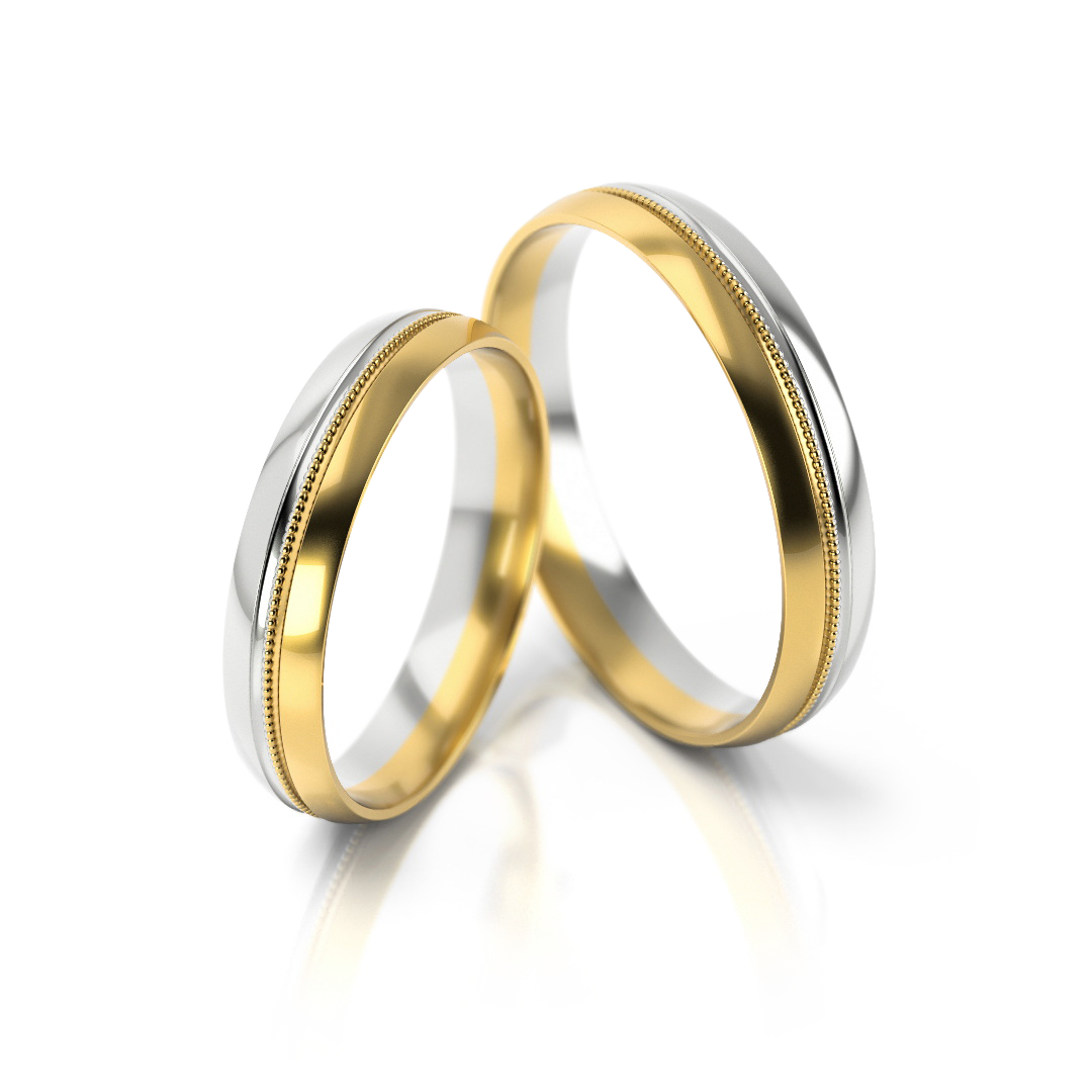 Dviejų spalvų vestuviniai žiedai su ornamentuotu krašteliu – ADORO juvelyrika