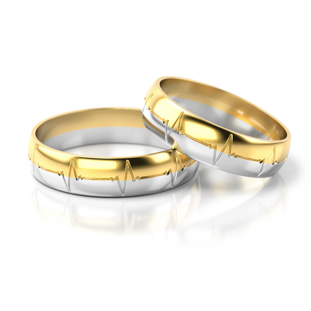 Dviejų spalvų vestuviniai žiedai su geometriniu raštu – ADORO juvelyrika