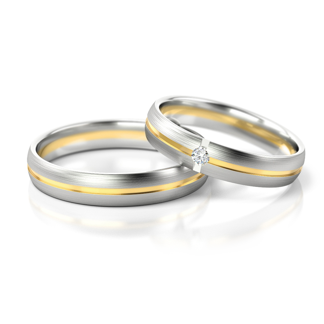 Balo ir geltono aukso vestuviniai žiedai su 0.04 ct deimantu – ADORO juvelyrika