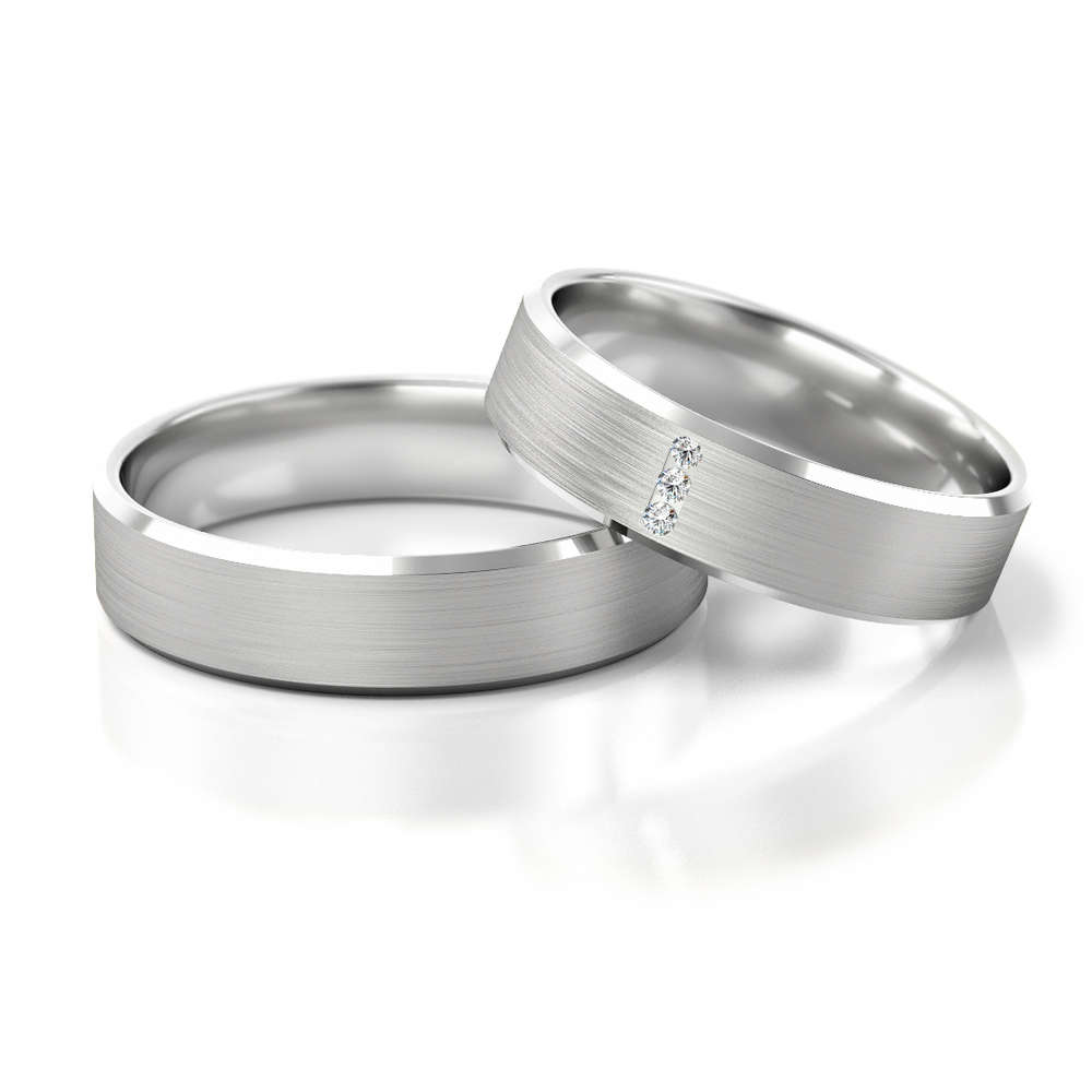 Modernūs 585 prabos vestuviniai žiedai iš balto aukso su satiniu paviršiumi – ADORO