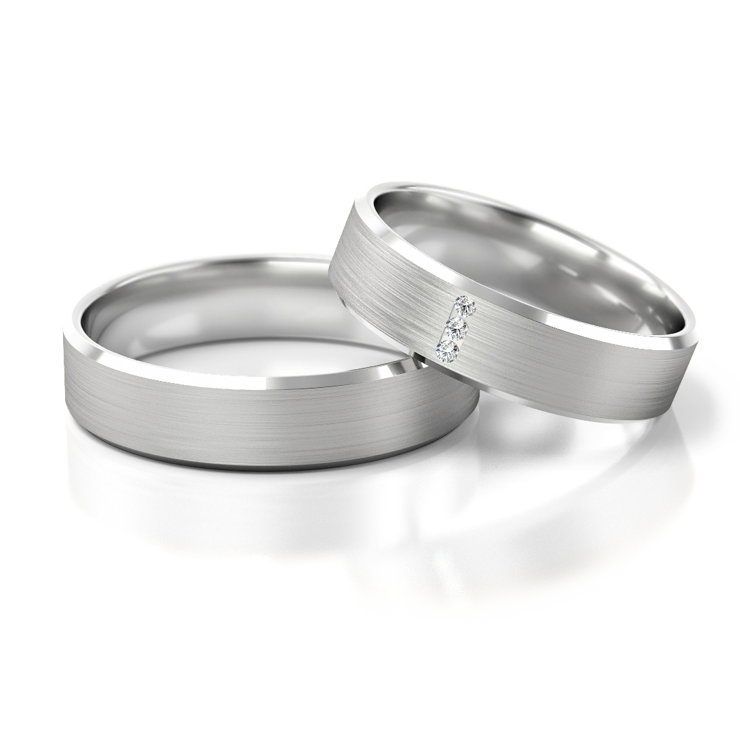 Modernūs 585 prabos vestuviniai žiedai iš balto aukso su satiniu paviršiumi – ADORO