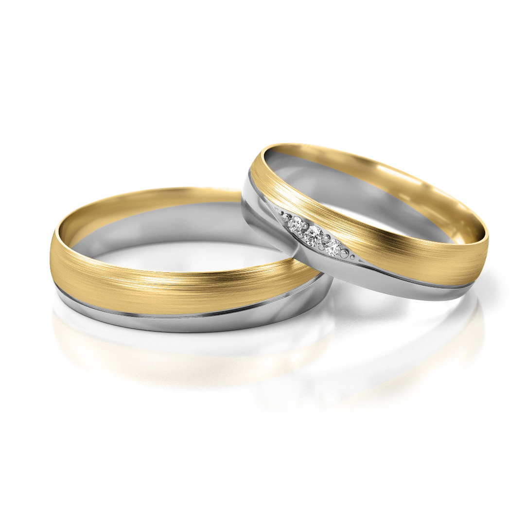 Balo ir geltono aukso vestuviniai žiedai su matinio ir blizgaus paviršiaus deriniu – ADORO juvelyrika