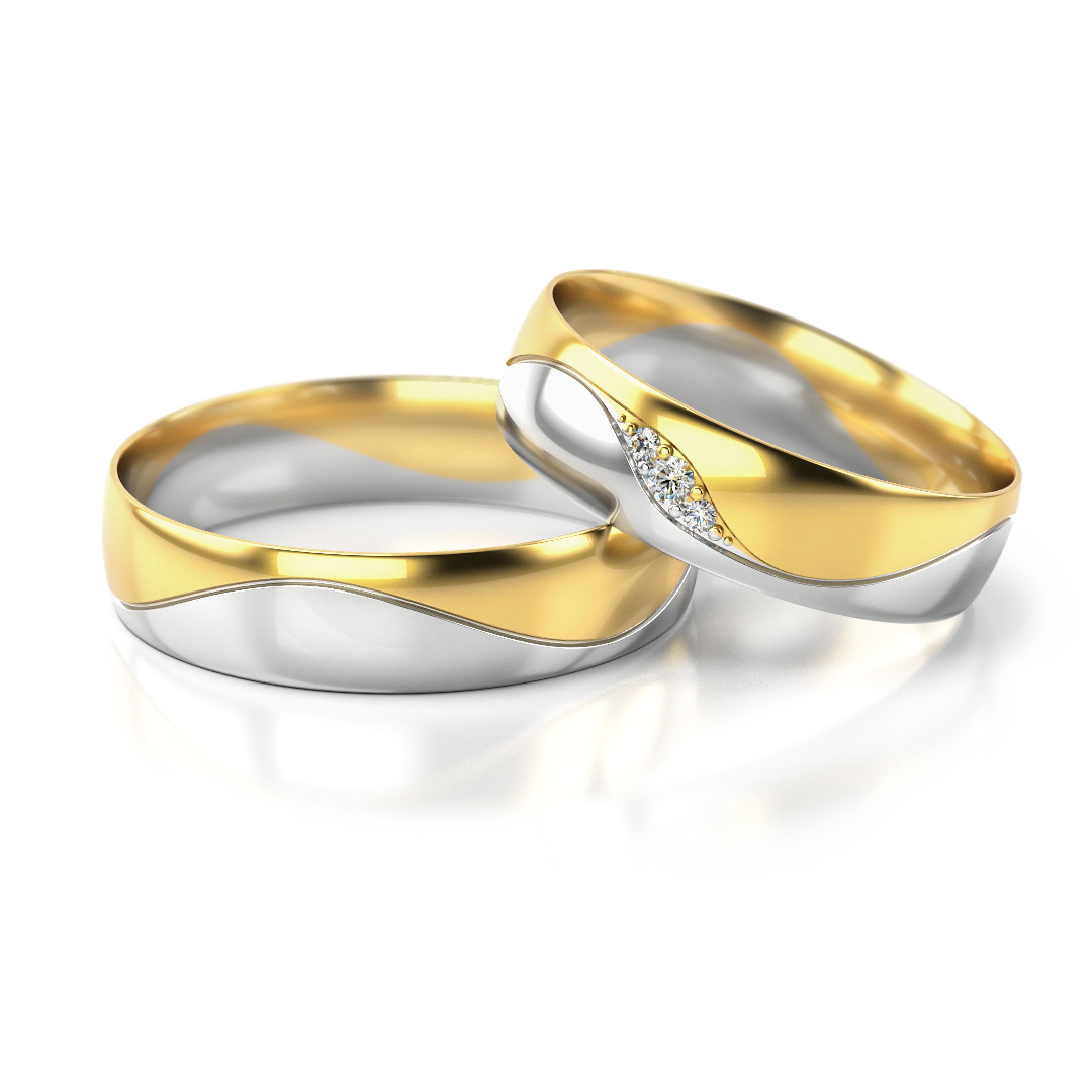 Balo ir geltono aukso vestuviniai žiedai su banguotu dizainu ir deimantais – ADORO juvelyrika