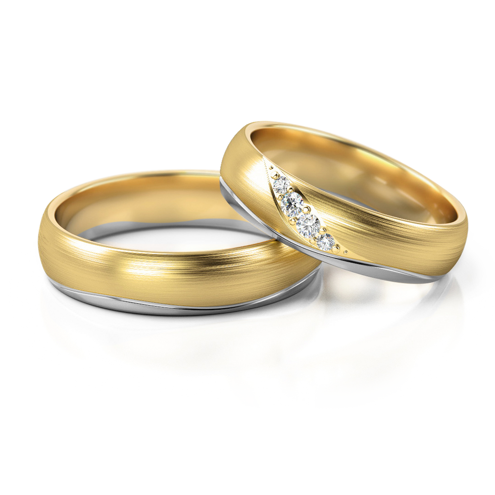 
                  
                    Vestuviniai žiedai – geltonas ir baltas auksas su deimantais, 5 mm pločio
                  
                