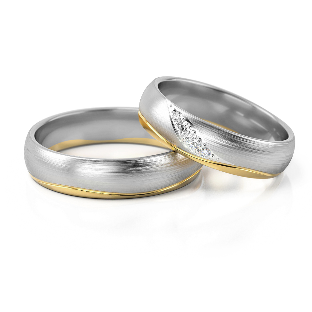 Vestuviniai žiedai – geltonas ir baltas auksas su deimantais, 5 mm pločio