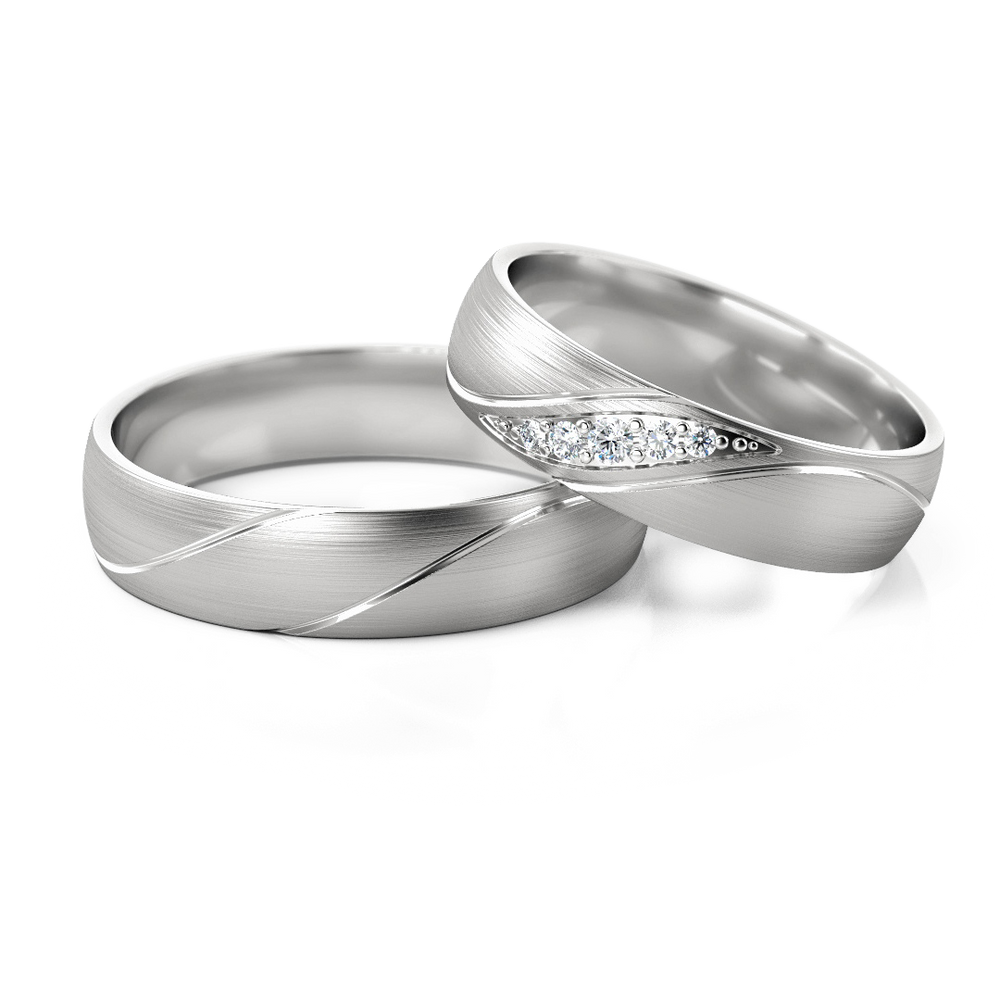 Modernūs balto aukso vestuviniai žiedai su banguotu dizainu ir deimantais – ADORO juvelyrika