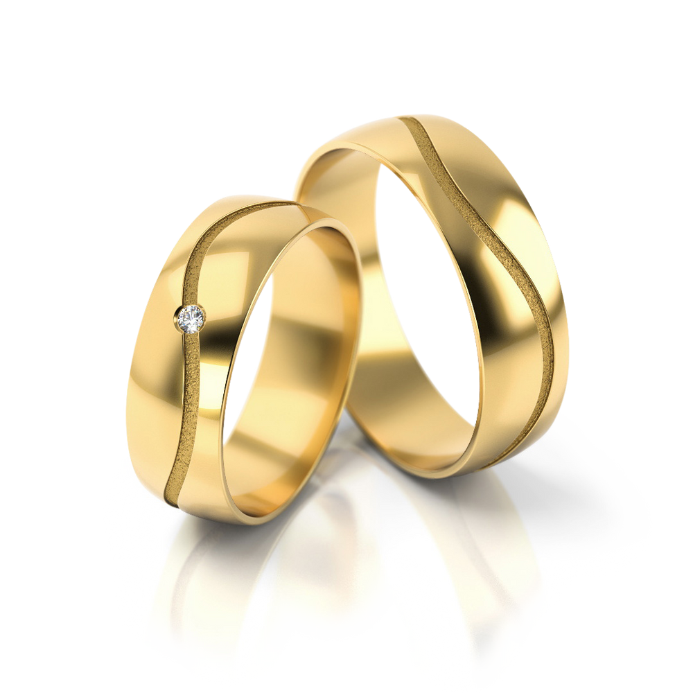 Geltono aukso vestuviniai žiedai su banguota linija ir deimantu – ADORO juvelyrika
