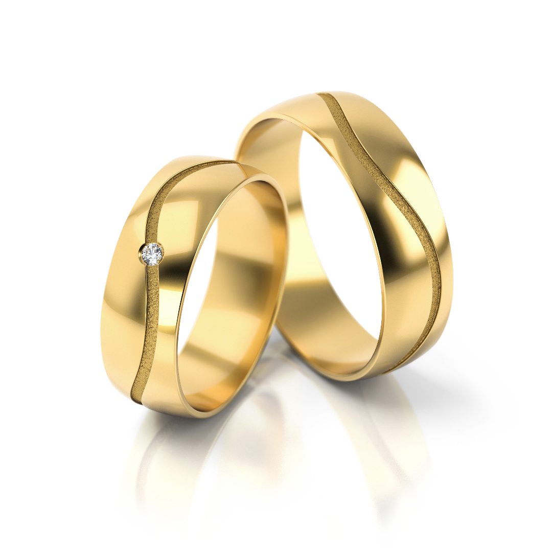 Geltono aukso vestuviniai žiedai su banguota linija ir deimantu – ADORO juvelyrika