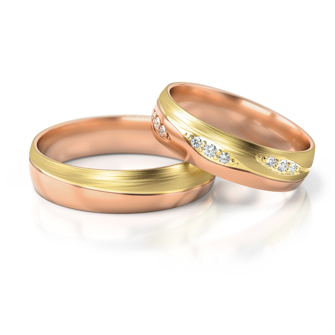 Dviejų aukso spalvų vestuviniai žiedai su deimantais (5 mm)
