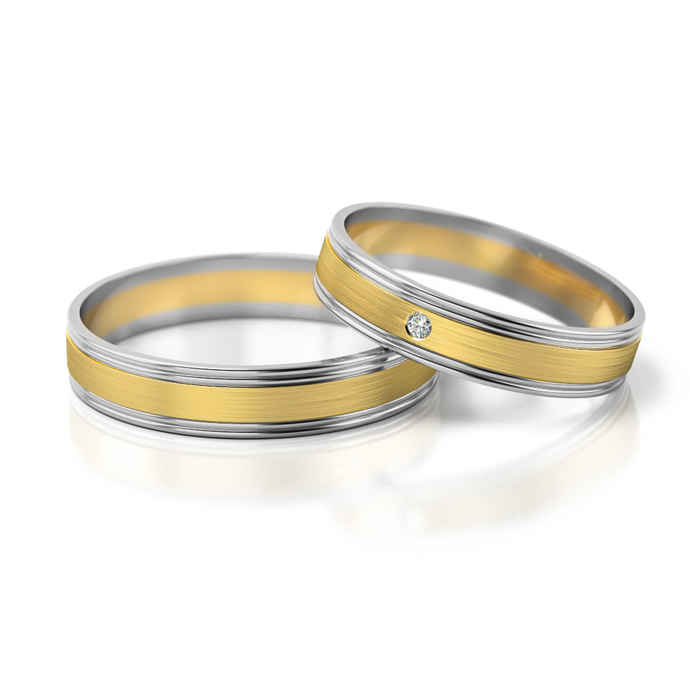 
                  
                    Dviejų aukso spalvų vestuviniai žiedai su deimantu (4 mm)
                  
                