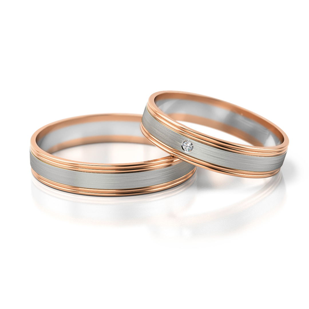 Dviejų aukso spalvų vestuviniai žiedai su deimantu (4 mm)