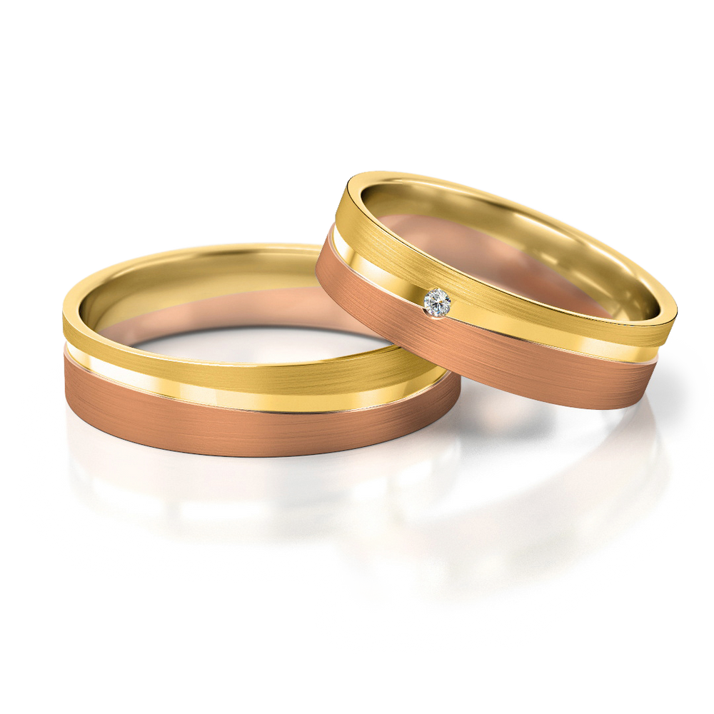 
                  
                    Vestuviniai žiedai – dviejų spalvų auksas su deimantu, 5 mm pločio
                  
                