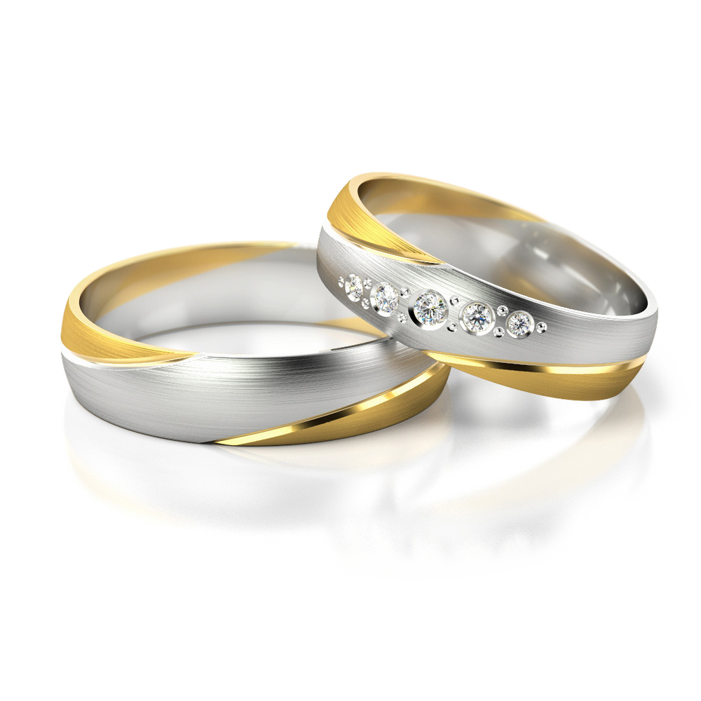 Geltono ir balto aukso vestuviniai žiedai su penkiais deimantais – ADORO juvelyrika