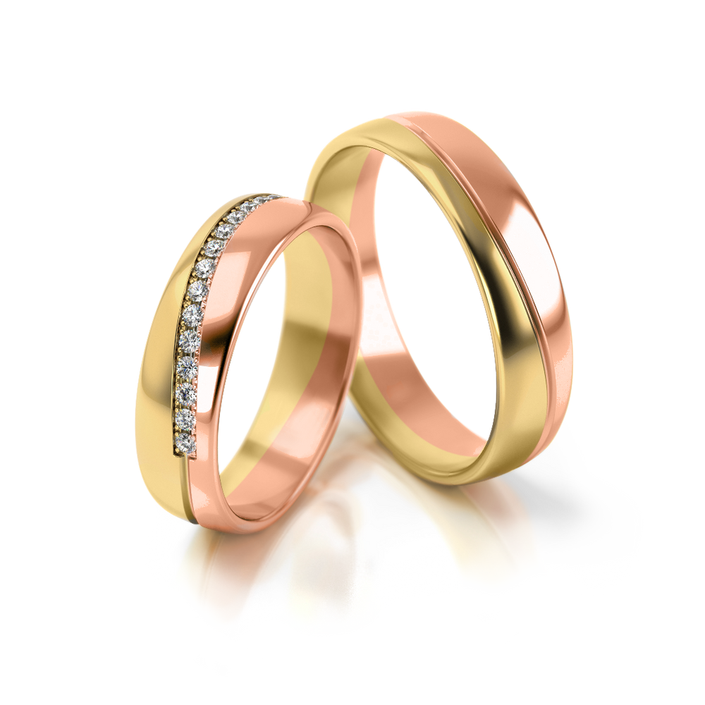 
                  
                    Vestuviniai žiedai – dviejų spalvų auksas su 0.23 ct deimantais, 4.5 mm pločio
                  
                