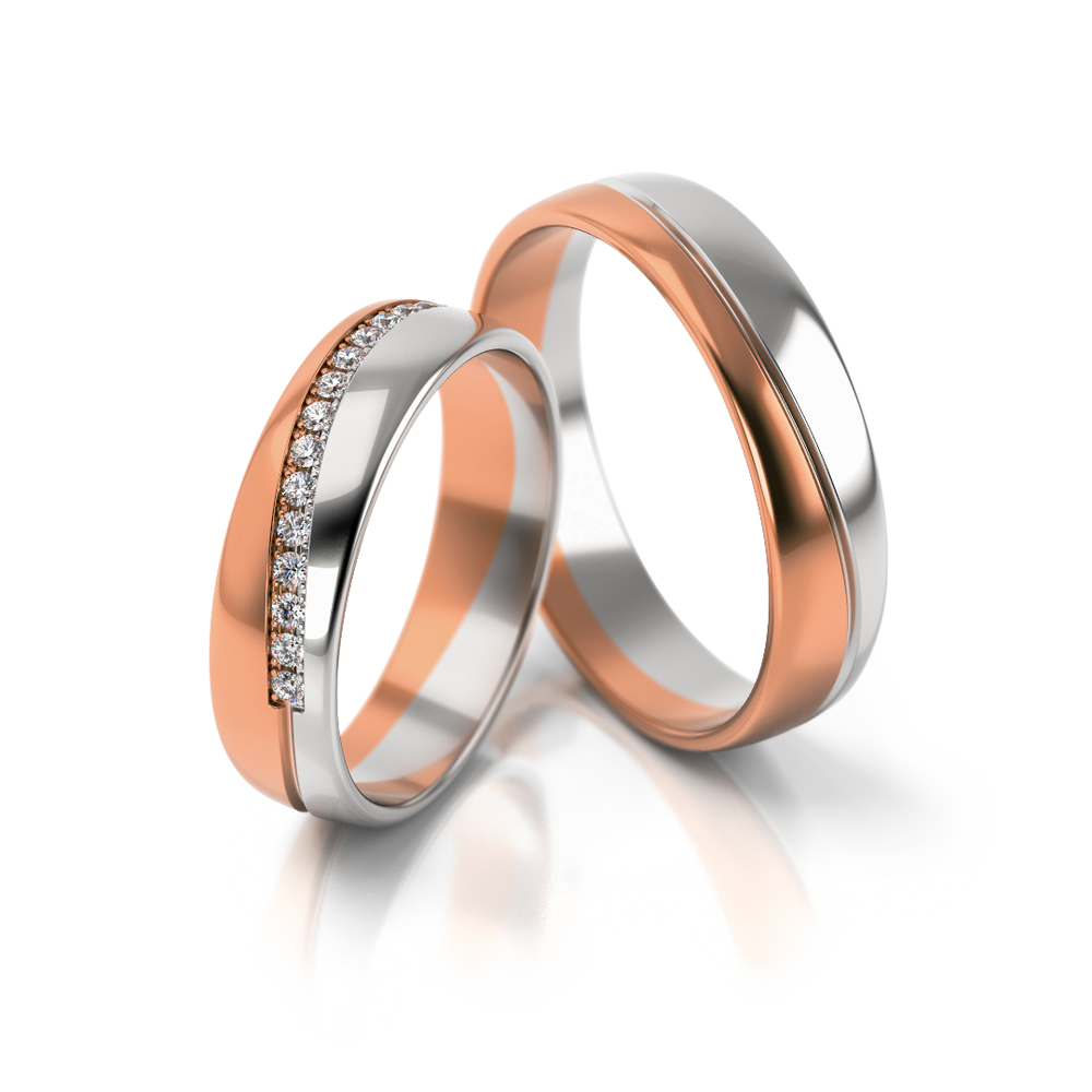 
                  
                    Vestuviniai žiedai – dviejų spalvų auksas su 0.23 ct deimantais, 4.5 mm pločio
                  
                