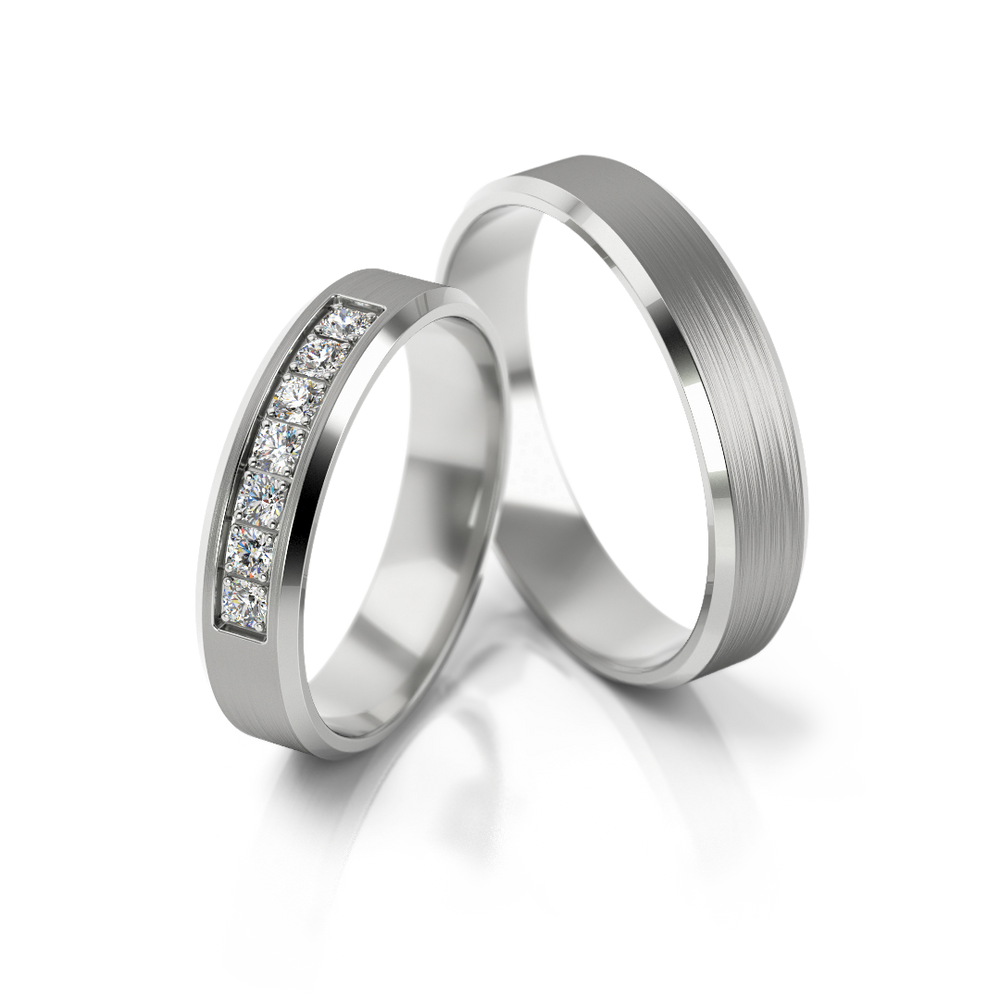 Modernūs 585 prabos baltos aukso vestuviniai žiedai su 0.105 ct deimantų juosta – ADORO juvelyrika