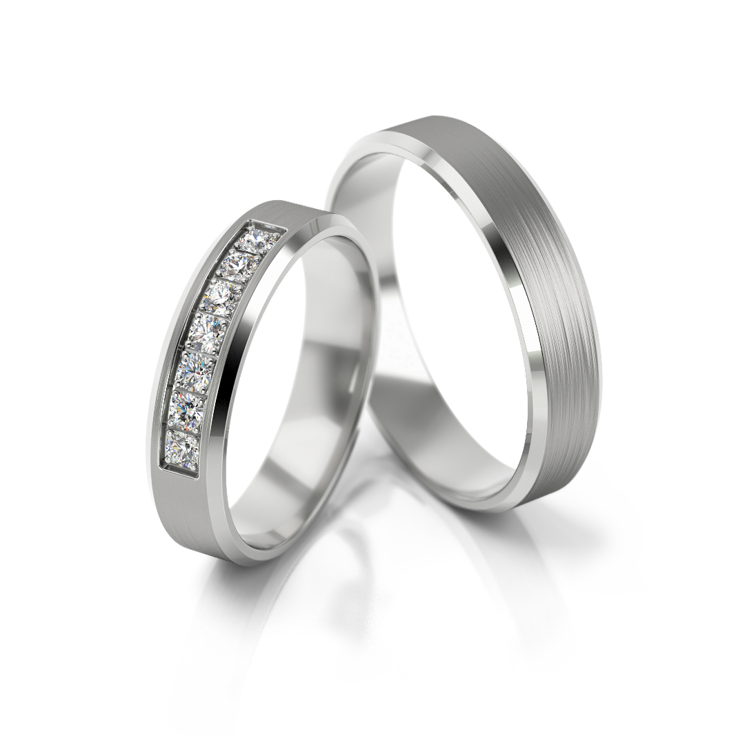 Modernūs 585 prabos baltos aukso vestuviniai žiedai su 0.105 ct deimantų juosta – ADORO juvelyrika