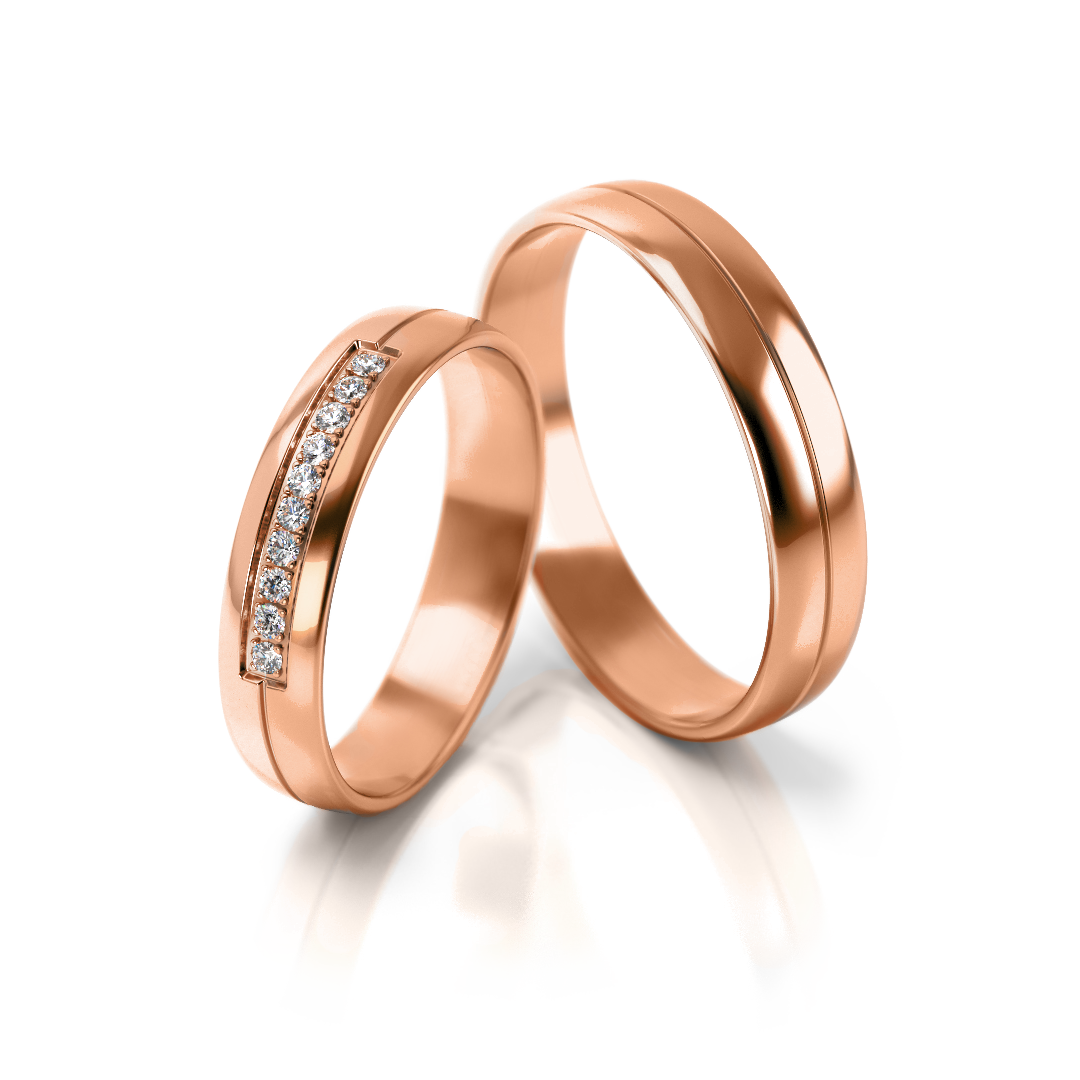 Dviejų spalvų aukso vestuviniai žiedai su deimantais, modelis 4 mm pločio, 0.1 ct, 585 praba