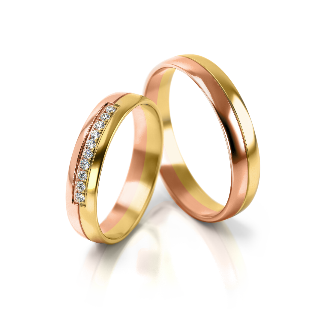 Dviejų spalvų aukso vestuviniai žiedai su deimantais, modelis 4 mm pločio, 0.1 ct, 585 praba
