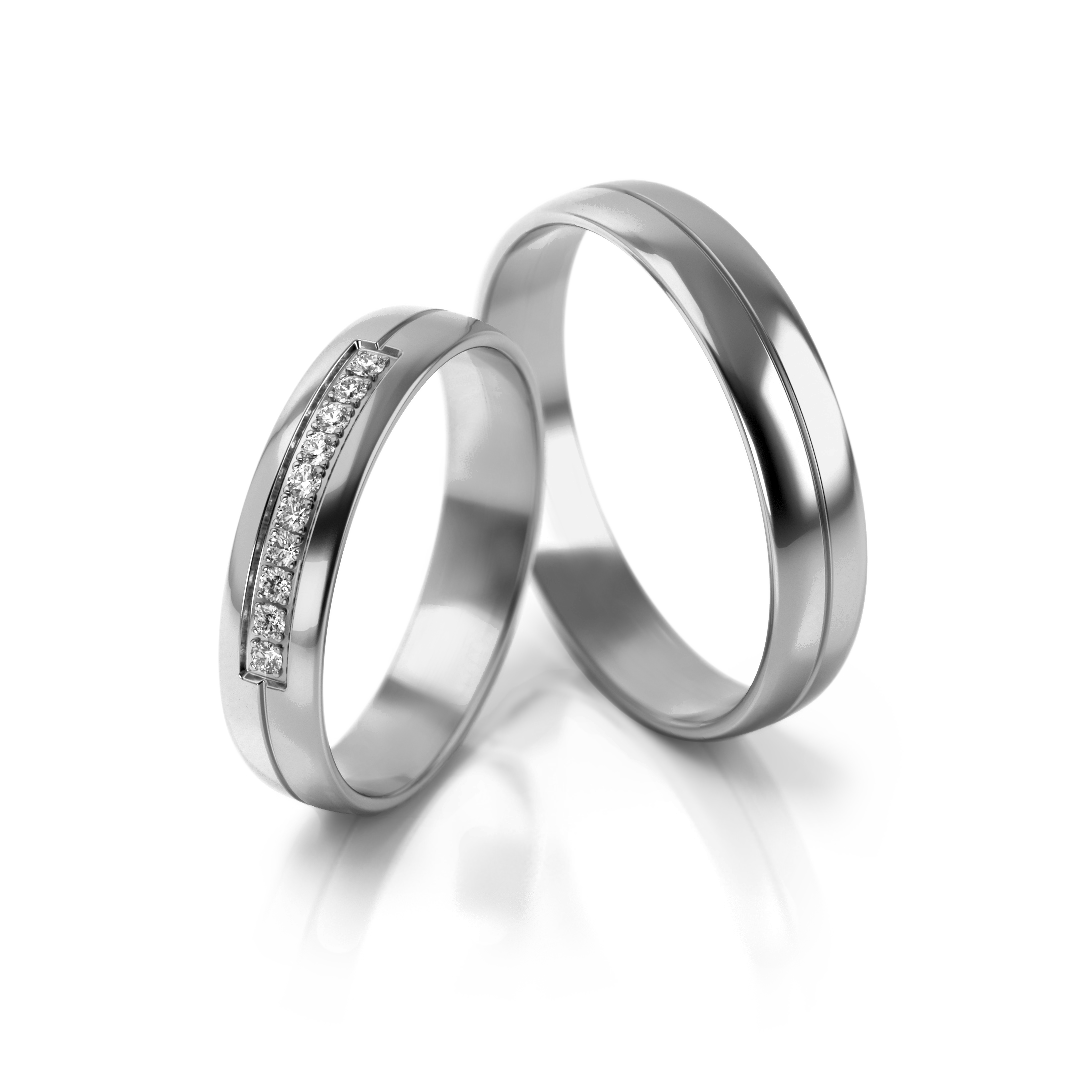 Dviejų spalvų aukso vestuviniai žiedai su deimantais, modelis 4 mm pločio, 0.1 ct, 585 praba