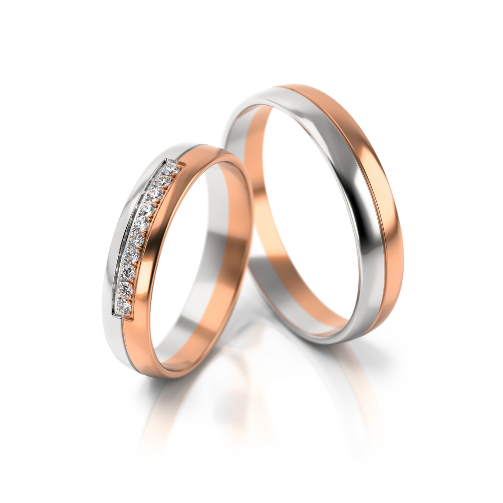 
                  
                    Dviejų spalvų aukso vestuviniai žiedai su deimantais, modelis 4 mm pločio, 0.1 ct, 585 praba
                  
                