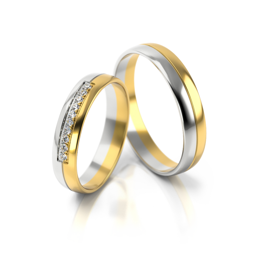 Dviejų spalvų 585 prabos vestuviniai žiedai su išskirtiniu paviršiaus raštu – ADORO
