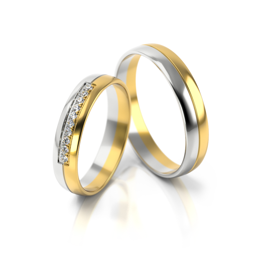 Dviejų spalvų 585 prabos vestuviniai žiedai su išskirtiniu paviršiaus raštu – ADORO