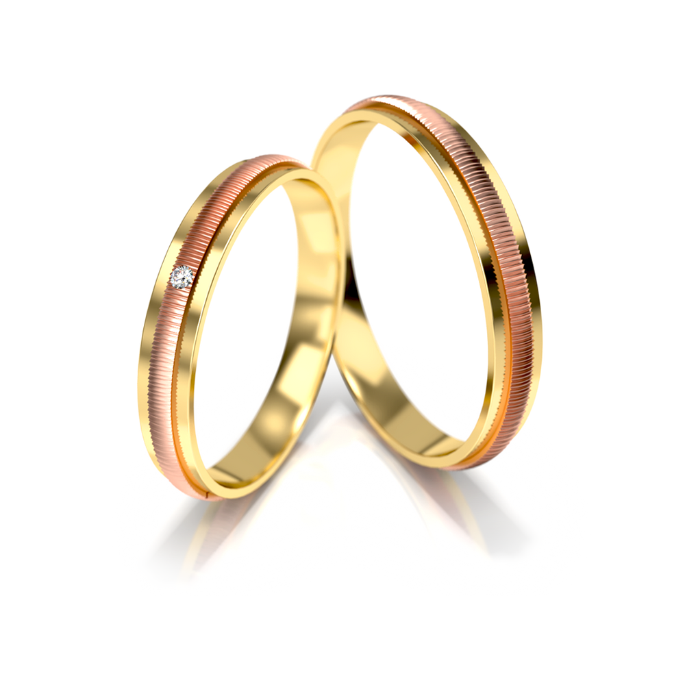 
                  
                    Vestuviniai žiedai – dviejų spalvų auksas su deimantu, 3 mm pločio
                  
                