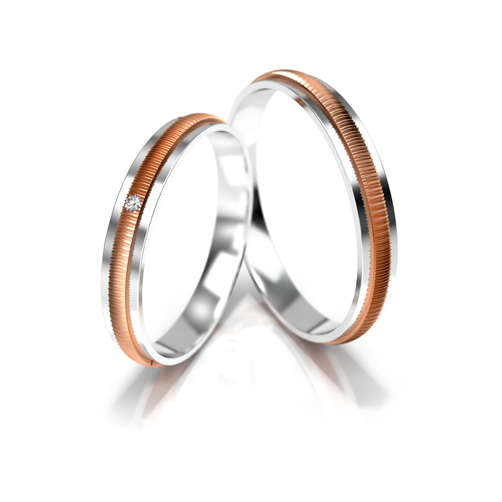 
                  
                    Vestuviniai žiedai – dviejų spalvų auksas su deimantu, 3 mm pločio
                  
                