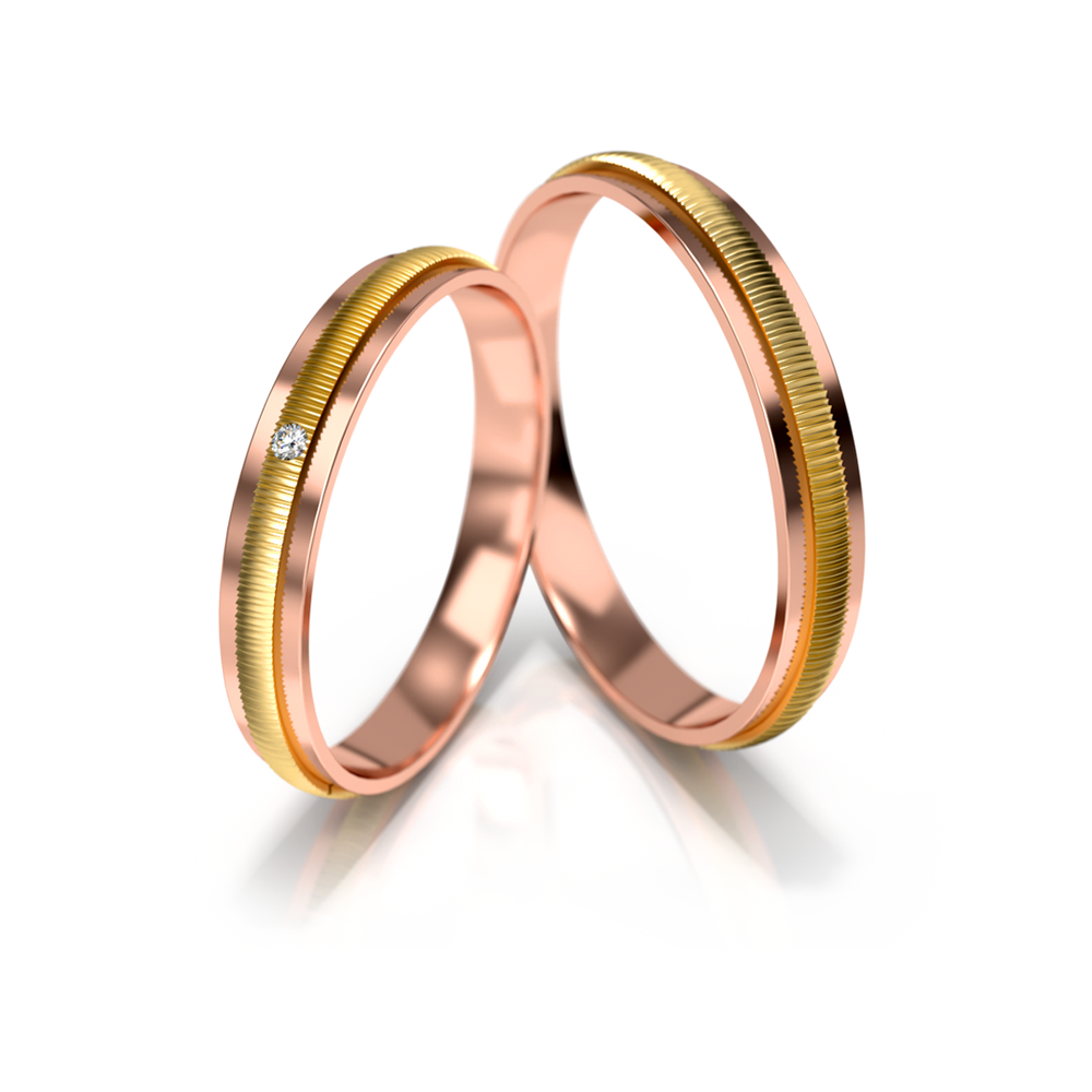 
                  
                    Vestuviniai žiedai – dviejų spalvų auksas su deimantu, 3 mm pločio
                  
                