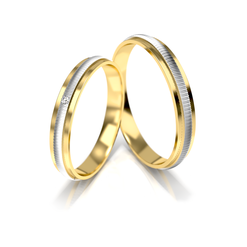 Vestuviniai žiedai – dviejų spalvų auksas su deimantu, 3 mm pločio