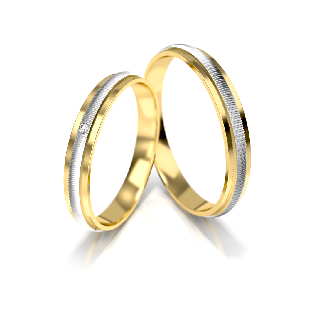 Vestuviniai žiedai – dviejų spalvų auksas su deimantu, 3 mm pločio