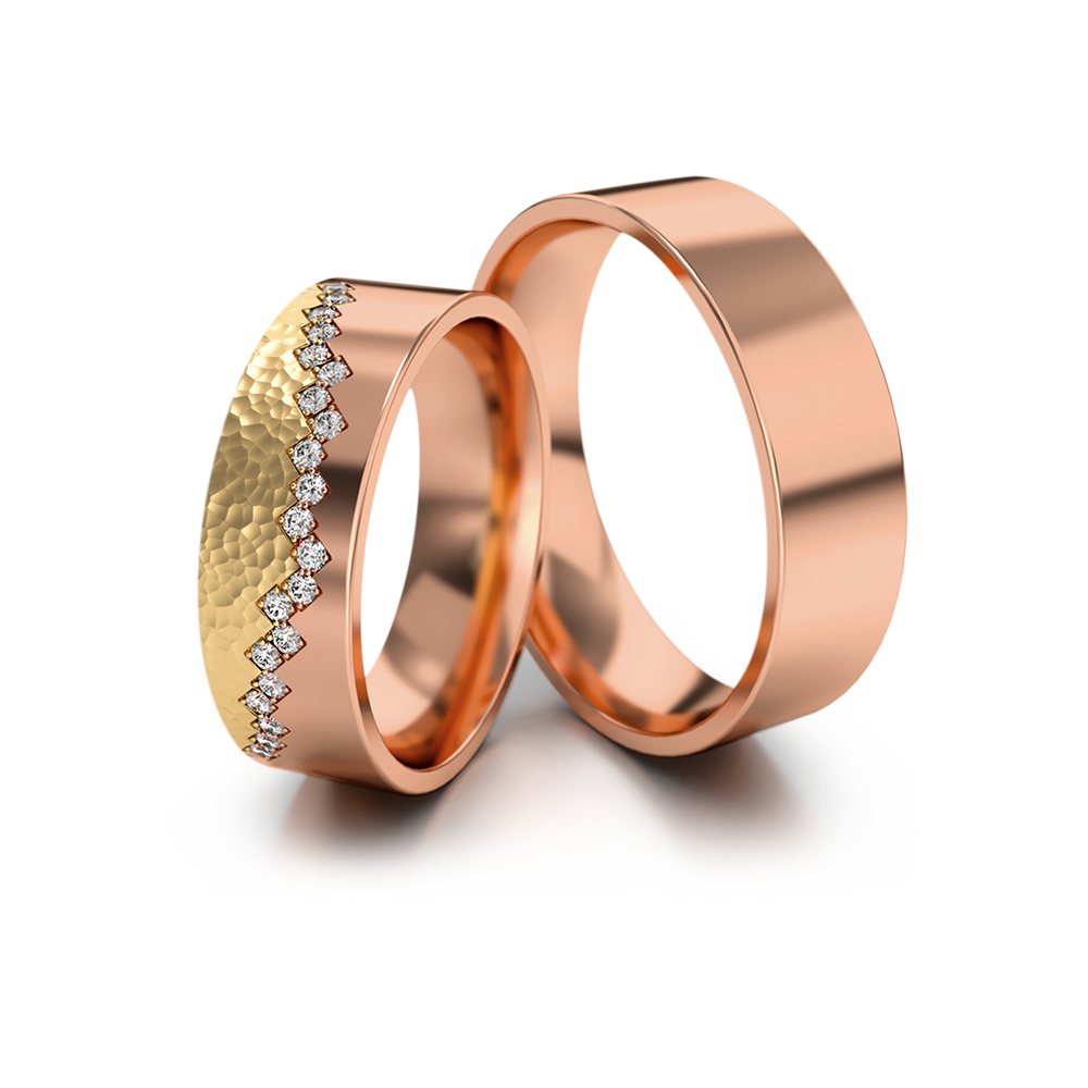 
                  
                    Dviejų spalvų aukso vestuviniai žiedai su deimantais 6 mm pločio, 0.21 ct, 585 praba
                  
                