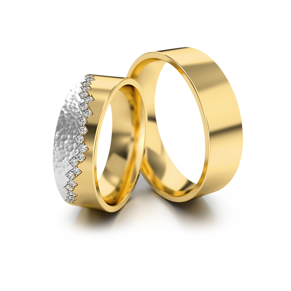 
                  
                    Dviejų spalvų aukso vestuviniai žiedai su deimantais 6 mm pločio, 0.21 ct, 585 praba
                  
                