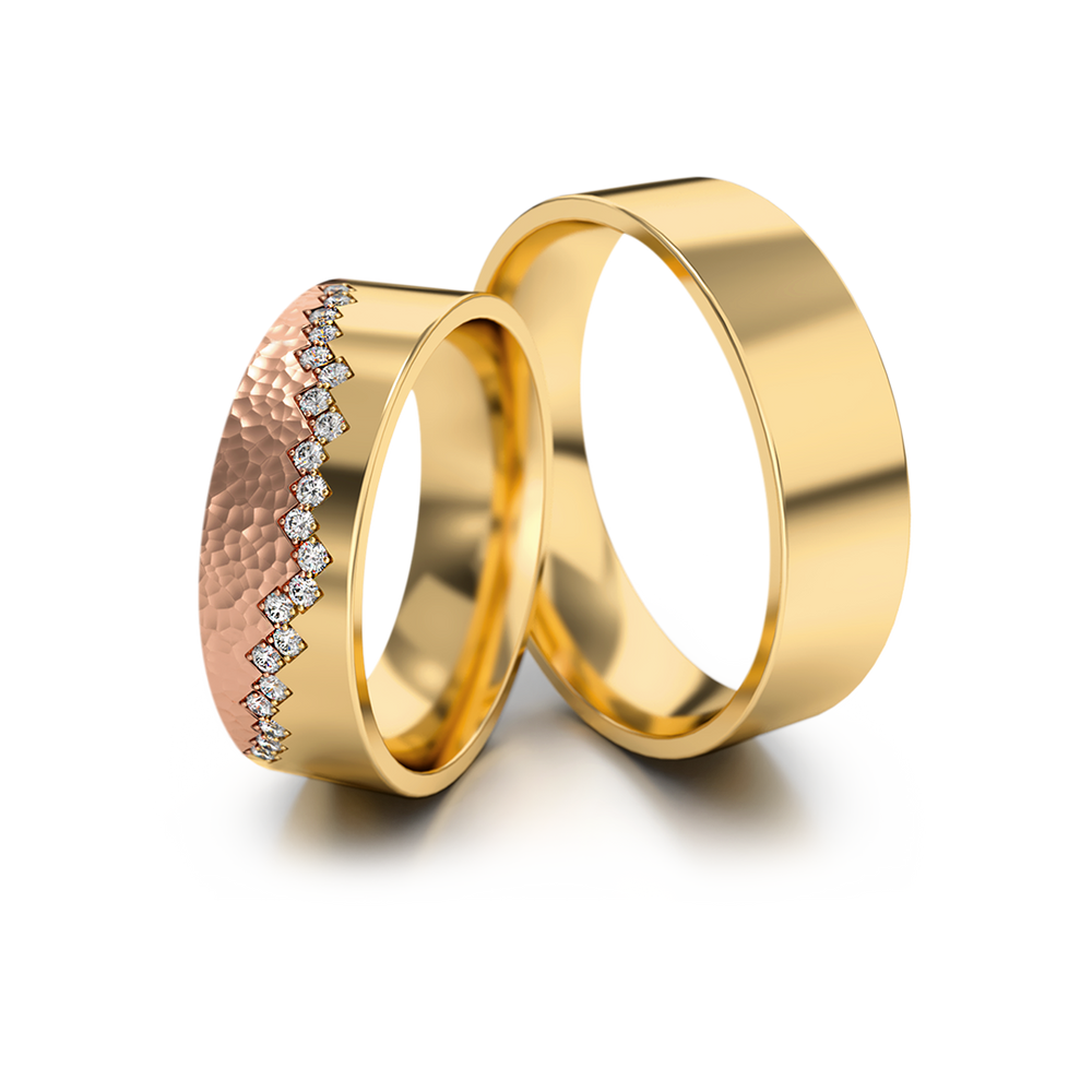 
                  
                    Dviejų spalvų aukso vestuviniai žiedai su deimantais 6 mm pločio, 0.21 ct, 585 praba
                  
                