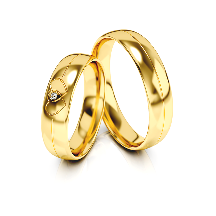 Vestuviniai žiedai – geltonas auksas su širdies motyvu ir deimantu, 5 mm pločio