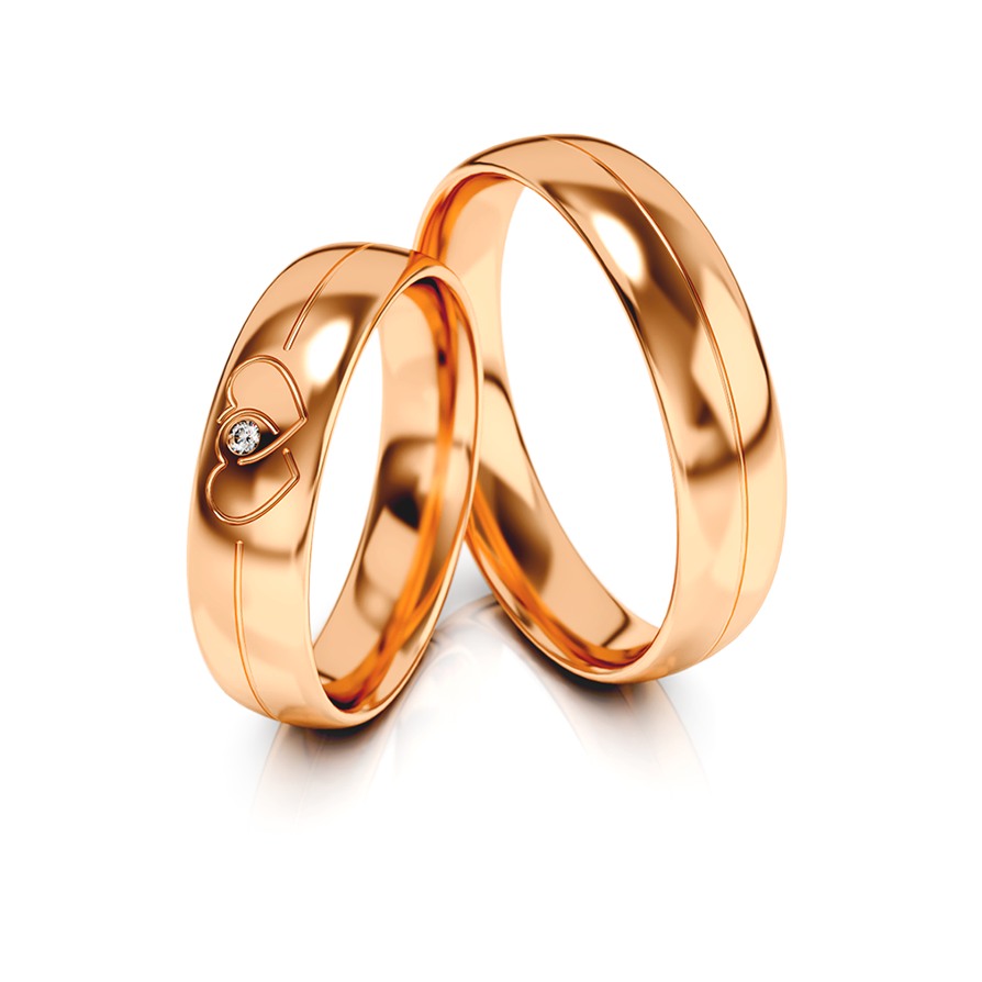 
                  
                    Vestuviniai žiedai – geltonas auksas su širdies motyvu ir deimantu, 5 mm pločio
                  
                