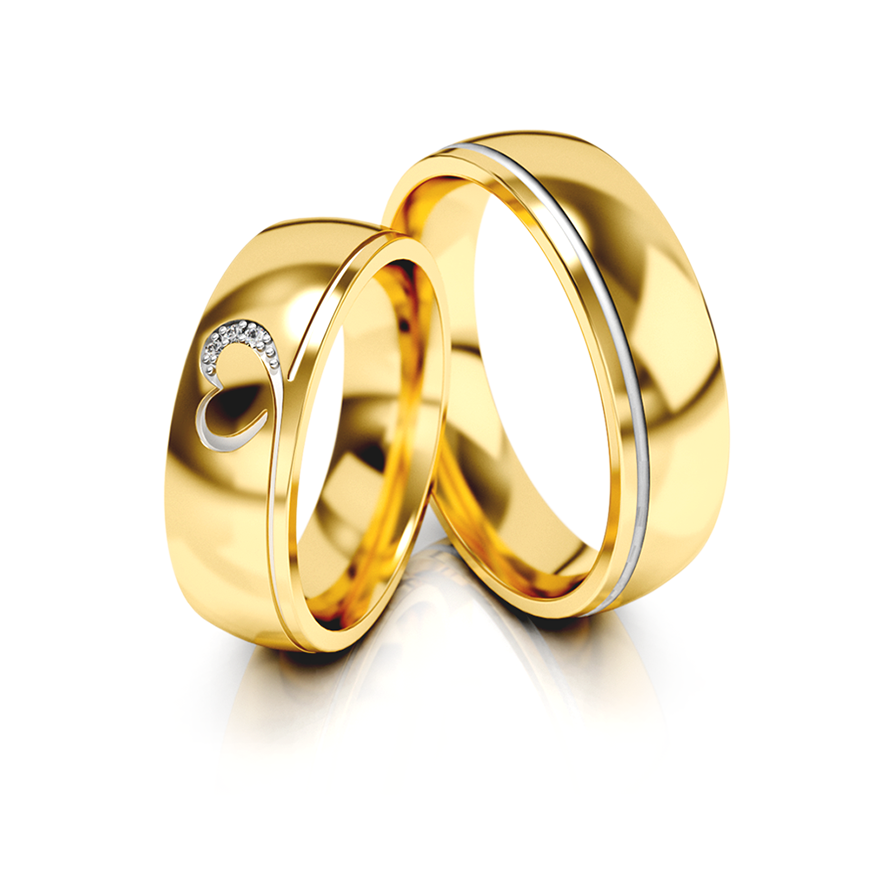 Vestuviniai žiedai – geltono ir balto aukso su deimantais, širdies motyvu, 5.5 mm pločio