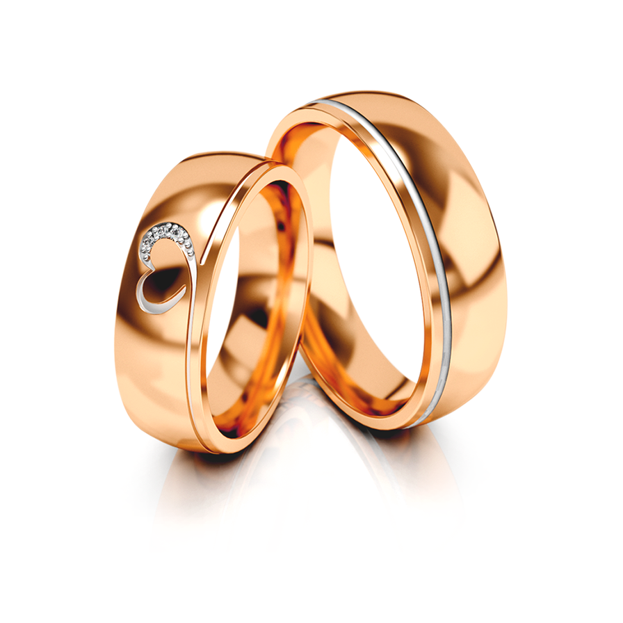 
                  
                    Vestuviniai žiedai – geltono ir balto aukso su deimantais, širdies motyvu, 5.5 mm pločio
                  
                