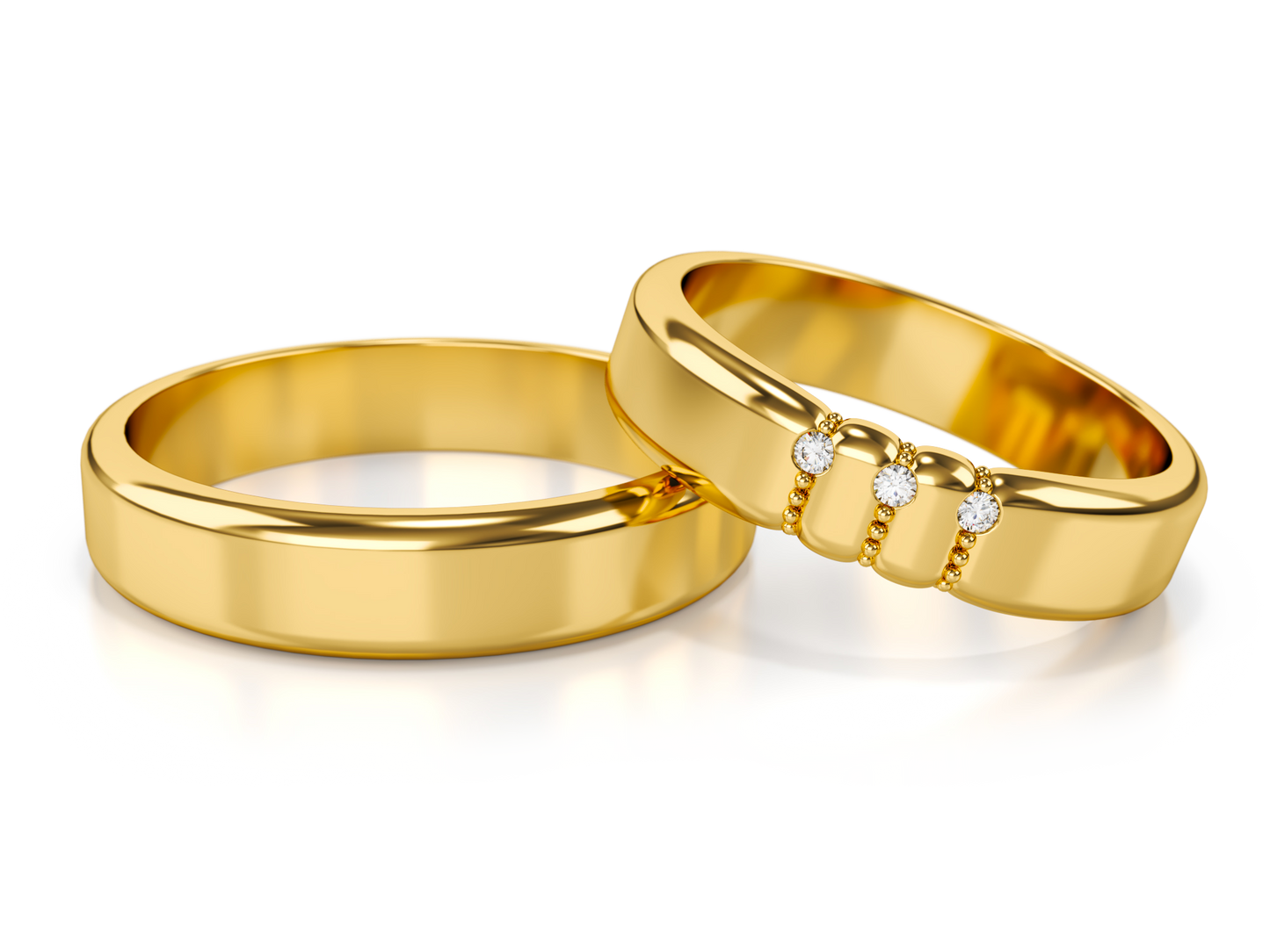 Vestuviniai žiedai – geltonas auksas su trimis deimantais, 4.5 mm pločio