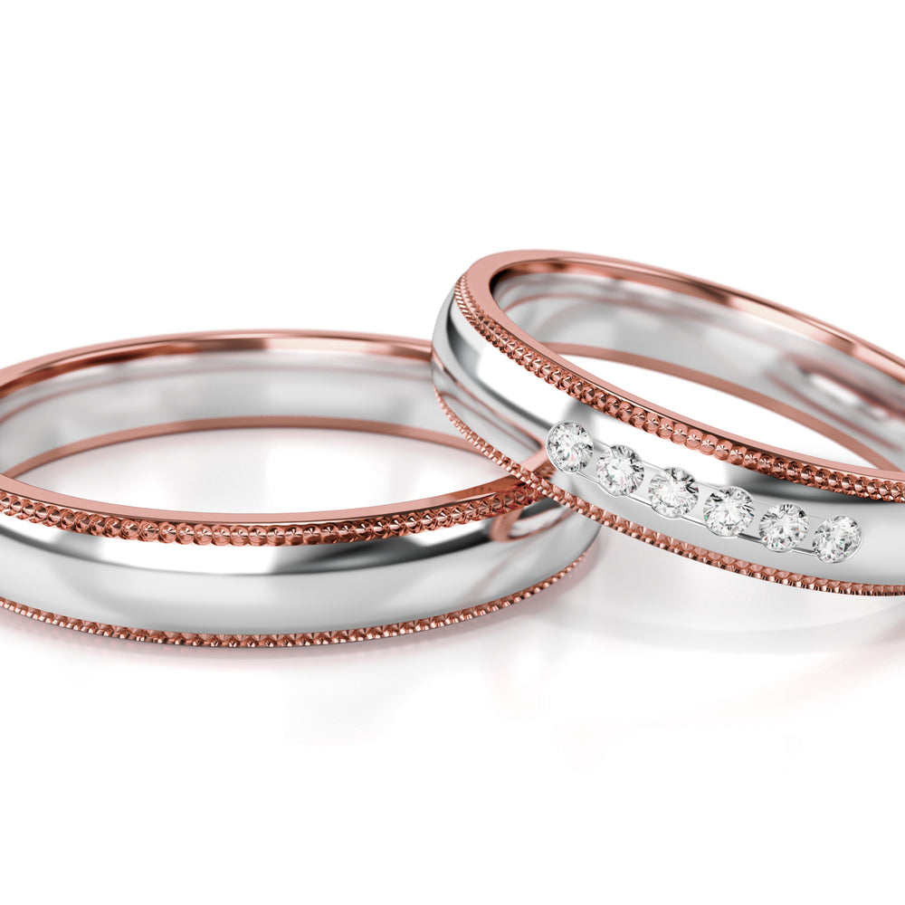 
                  
                    Dviejų spalvų aukso vestuviniai žiedai su deimantais 4 mm pločio, 0.09 ct, 585 praba
                  
                