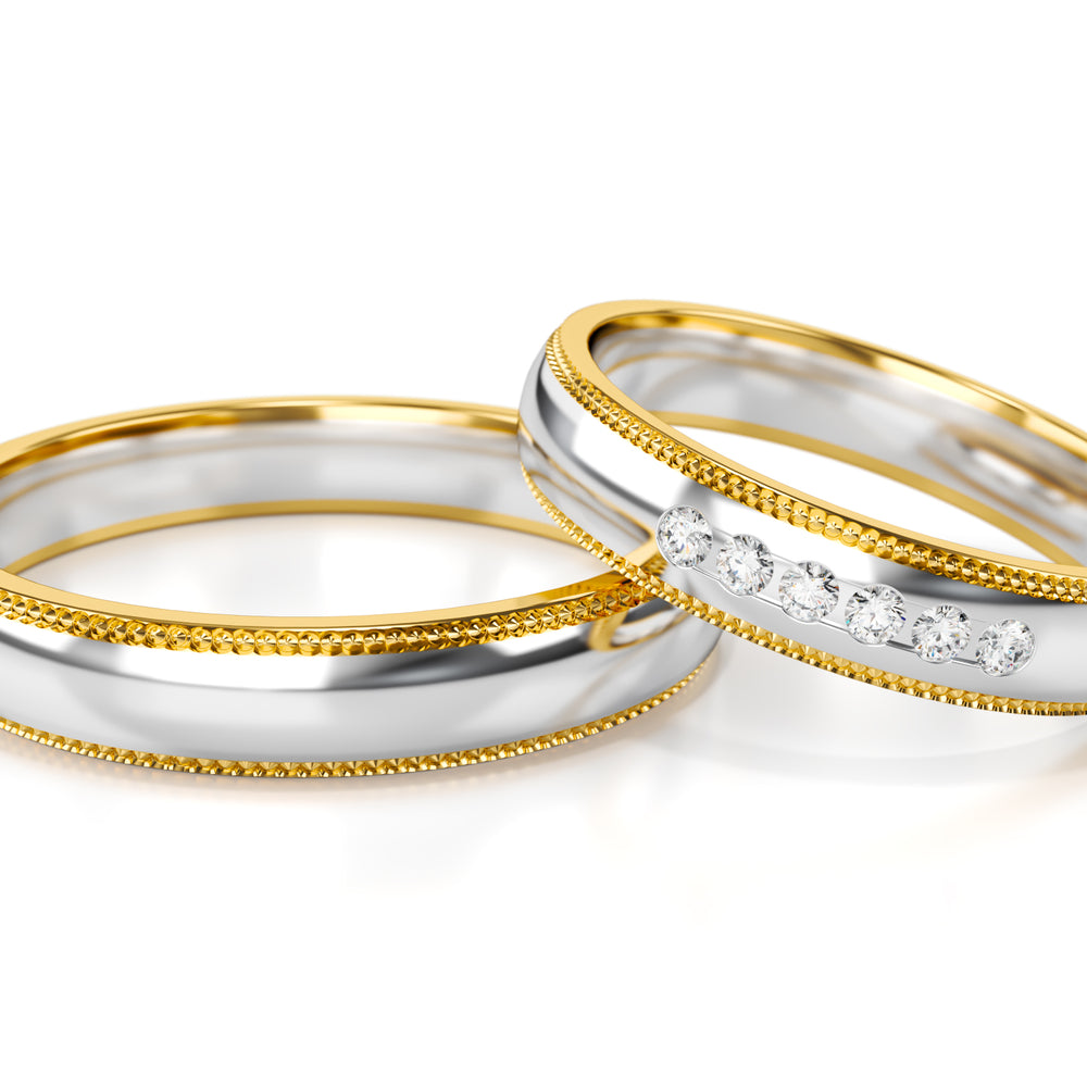 
                  
                    Dviejų spalvų aukso vestuviniai žiedai su deimantais 4 mm pločio, 0.09 ct, 585 praba
                  
                