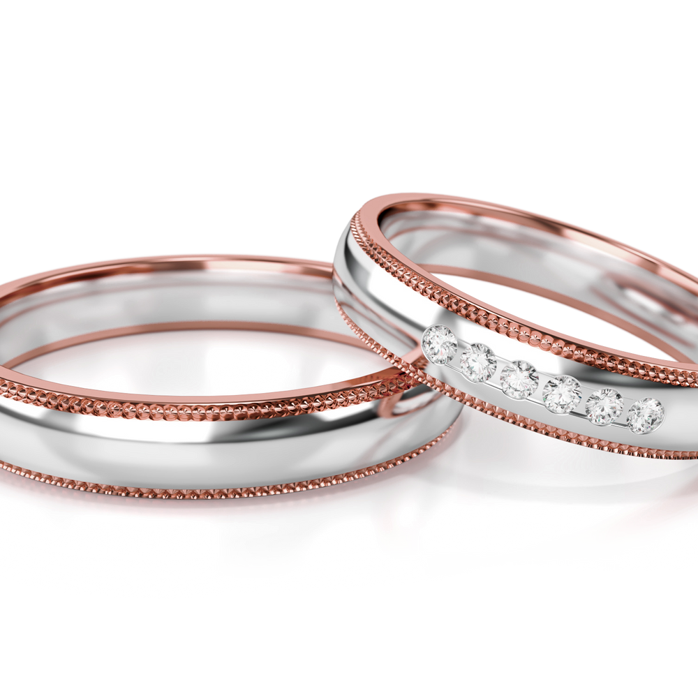 
                  
                    Dviejų spalvų aukso vestuviniai žiedai su deimantais 4 mm pločio, 0.09 ct, 585 praba
                  
                