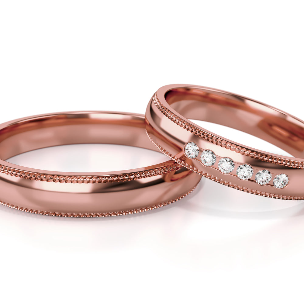 
                  
                    Dviejų spalvų aukso vestuviniai žiedai su deimantais 4 mm pločio, 0.09 ct, 585 praba
                  
                