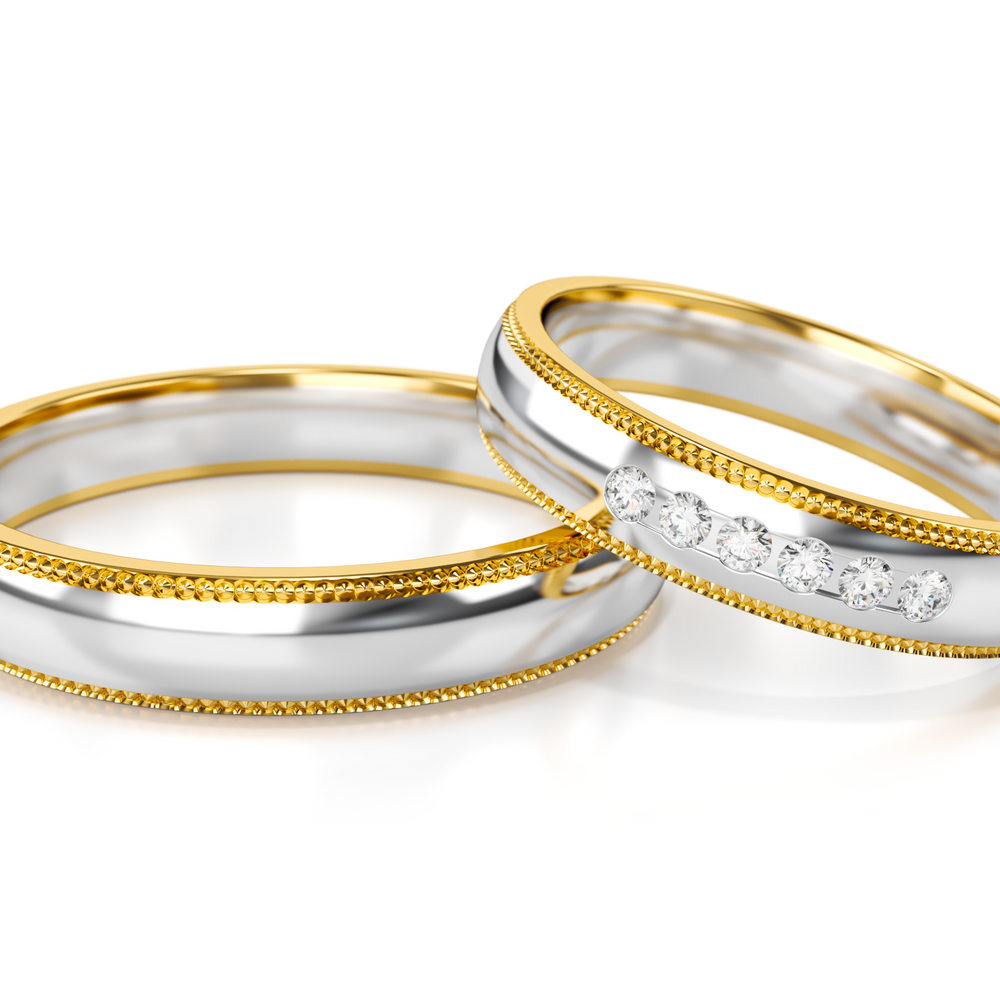 585 prabos baltos ir geltonos spalvos aukso vestuviniai žiedai su 0.09 ct deimantais – ADORO juvelyrika