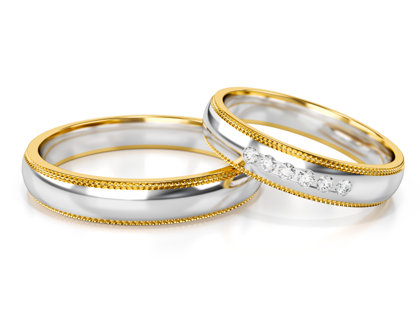 585 prabos baltos ir geltonos spalvos aukso vestuviniai žiedai su 0.09 ct deimantais – ADORO juvelyrika