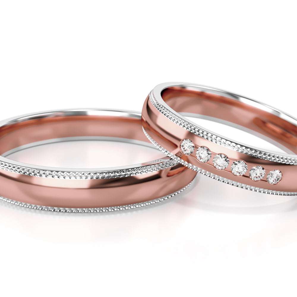 
                  
                    Dviejų spalvų aukso vestuviniai žiedai su deimantais 4 mm pločio, 0.09 ct, 585 praba
                  
                