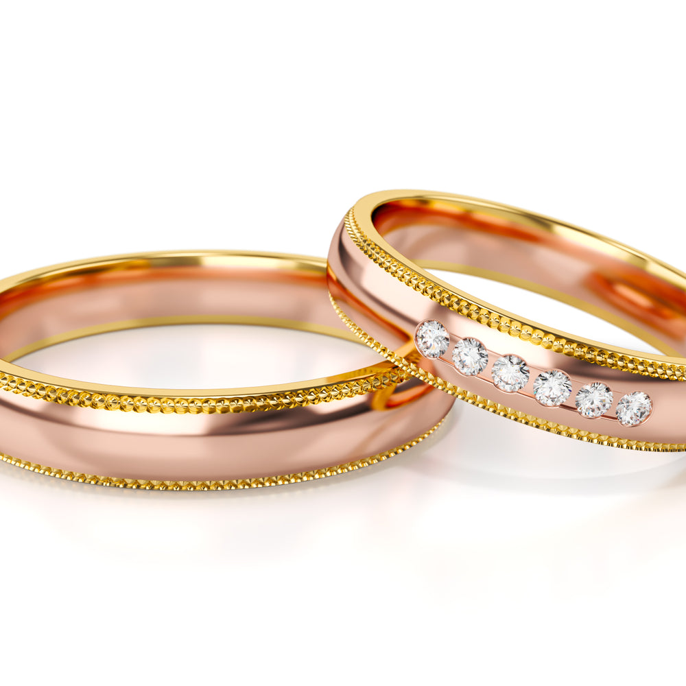 
                  
                    Dviejų spalvų aukso vestuviniai žiedai su deimantais 4 mm pločio, 0.09 ct, 585 praba
                  
                