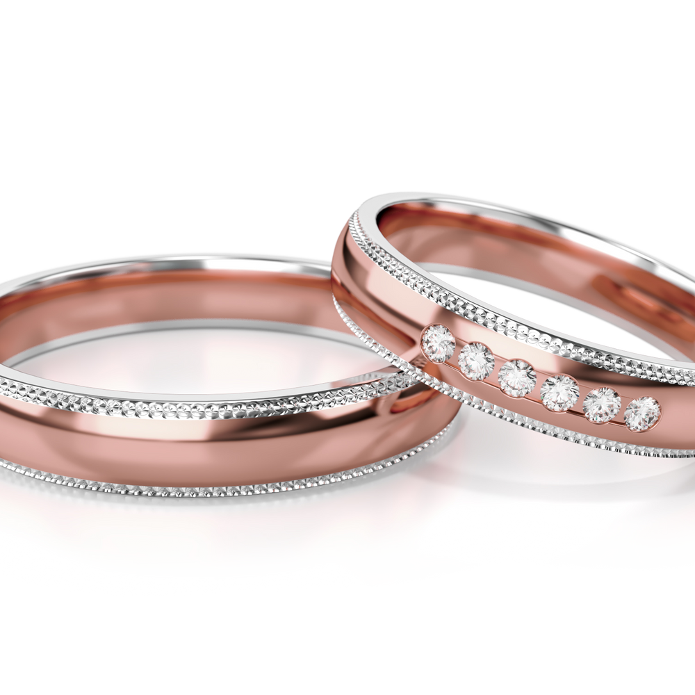 
                  
                    Dviejų spalvų aukso vestuviniai žiedai su deimantais 4 mm pločio, 0.09 ct, 585 praba
                  
                