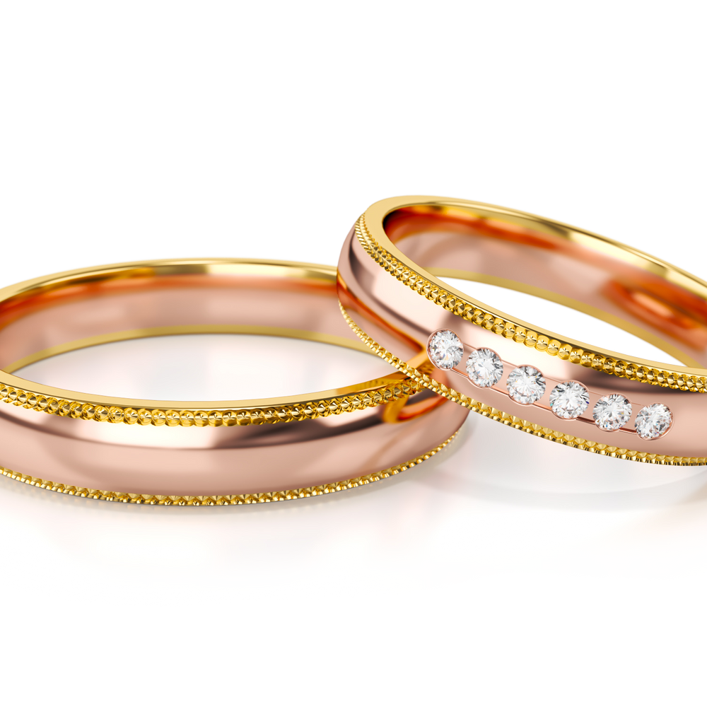 
                  
                    Dviejų spalvų aukso vestuviniai žiedai su deimantais 4 mm pločio, 0.09 ct, 585 praba
                  
                